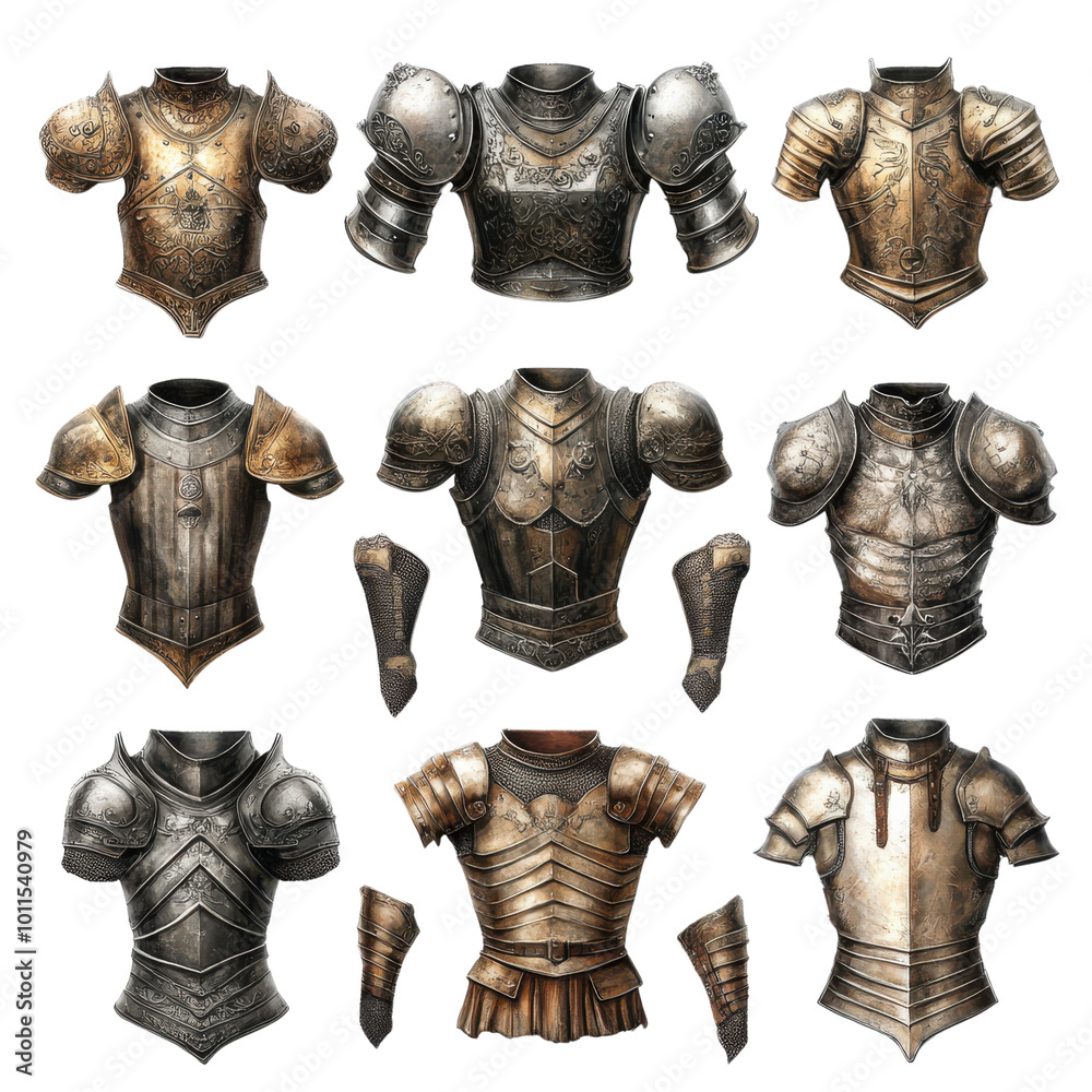 A collection of intricately designed medieval armor, showcasing diverse styles and materials, on a white isolated background. A collection of intricately designed medieval armor, showcasing diverse styles and materials, on a white isolated background.