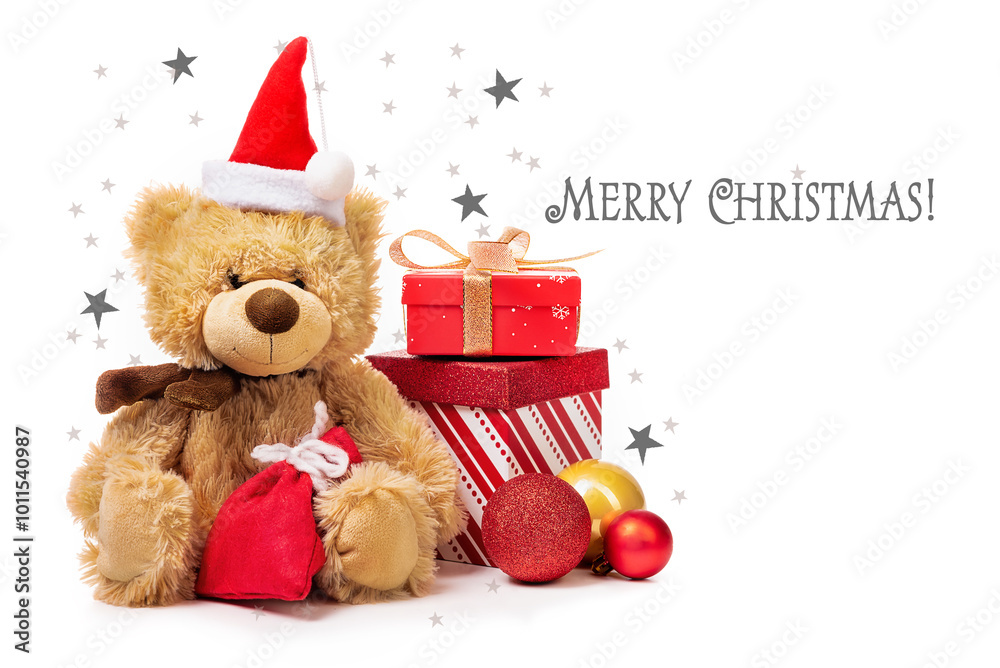 Merry Christmas and Happy New Year. Teddy bear, gift boxes and Christmas balls on a background with stars