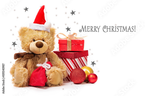 Obraz na płótnie Merry Christmas and Happy New Year. Teddy bear, gift boxes and Christmas balls on a background with stars w salonie