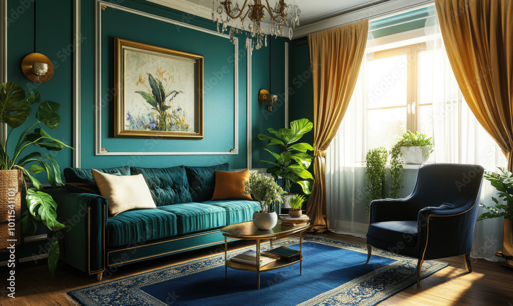 Green and blue living room with a velvet sofa, navy chair, and plants in pots on the coffee table near a white window with curtains. Golden lighting and a decorative painting on the wall Green and blue living room with a velvet sofa, navy chair, and plants in pots on the coffee table near a white window with curtains. Golden lighting and a decorative painting on the wall