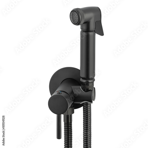 Black matte toilet nozzle with shower head for cleaning washing in the restroom, Isolated nozzle water toilet