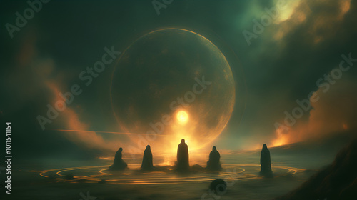 A surreal landscape featuring hooded figures, a large planet, mystical symbols, and a fiery ambiance.