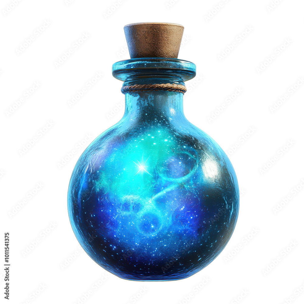 A mystical potion bottle with a glowing, starry mixture inside, set against a white isolated background. A mystical potion bottle with a glowing, starry mixture inside, set against a white isolated background.