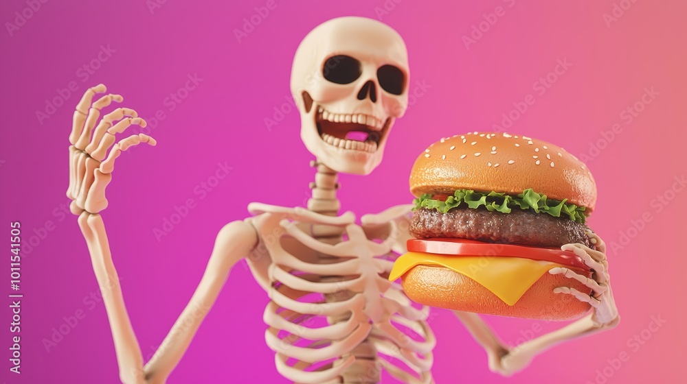 A grinning skeleton holding a large slice of pizza with gooey cheese stretching, posed as if about to take a big bite with a playful, humorous expression. A grinning skeleton holding a large slice of pizza with gooey cheese stretching, posed as if about to take a big bite with a playful, humorous expression.