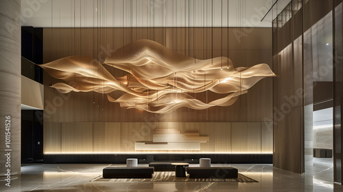Modern hotel lobby with wave-like sculptural light fixtures, wood paneling, and a reception desk. Warm lighting creates an inviting atmosphere, blending contemporary design elements.

