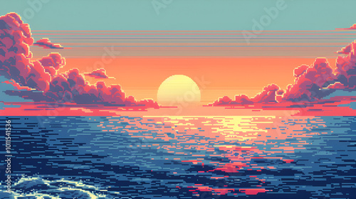 A vibrant pixel art sunset over the ocean with reflections on the water, clouds, and a tranquil scene in an 8-bit style, evoking nostalgia and retro gaming vibes.

