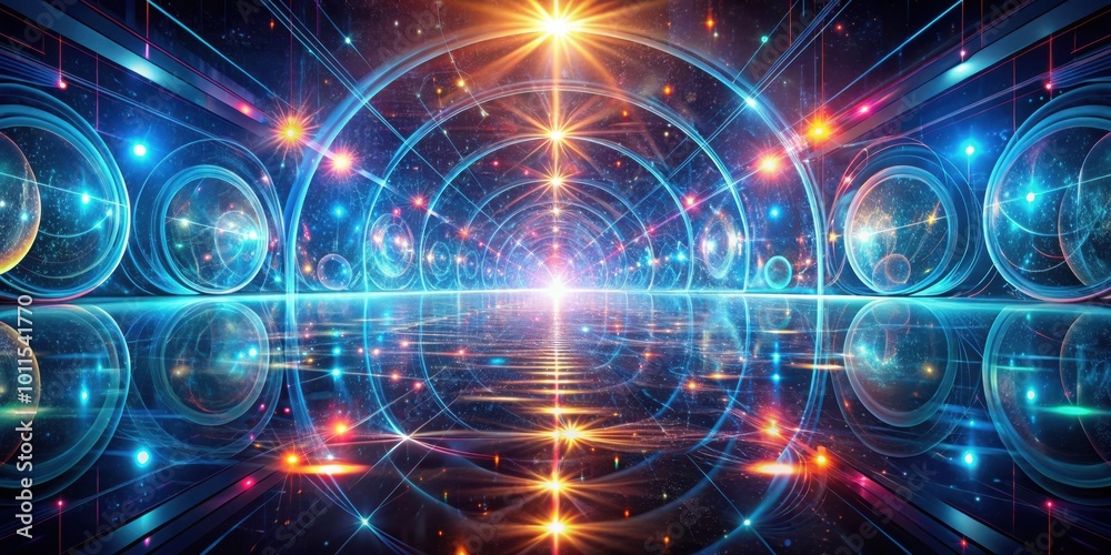 A cosmic vista with glowing orbs and radiant light streaks, reflecting off a shimmering surface, creating a surreal and futuristic landscape A cosmic vista with glowing orbs and radiant light streaks, reflecting off a shimmering surface, creating a surreal and futuristic landscape