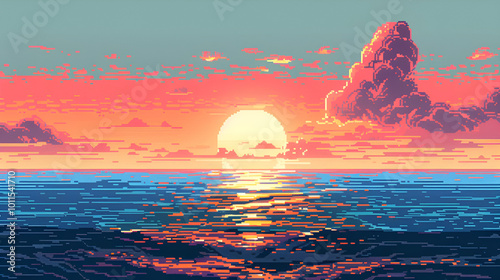 A vibrant pixel art sunset over the ocean with reflections on the water, clouds, and a tranquil scene in an 8-bit style, evoking nostalgia and retro gaming vibes.

