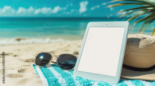 A tablet rests on a beach towel beside sunglasses and a hat, set against a beautiful ocean backdrop.
