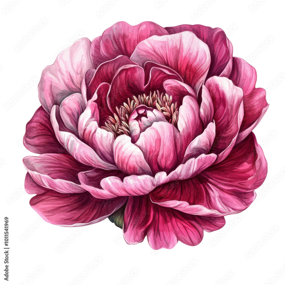 A vibrant pink peony flower with delicate petals on a white isolated background. A vibrant pink peony flower with delicate petals on a white isolated background.