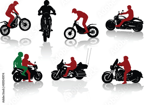 Set of seven different motorbike riders in action, vector illustration. Perfect for motorsport graphics, riding events, bike enthusiasts, and racing promotions. photo