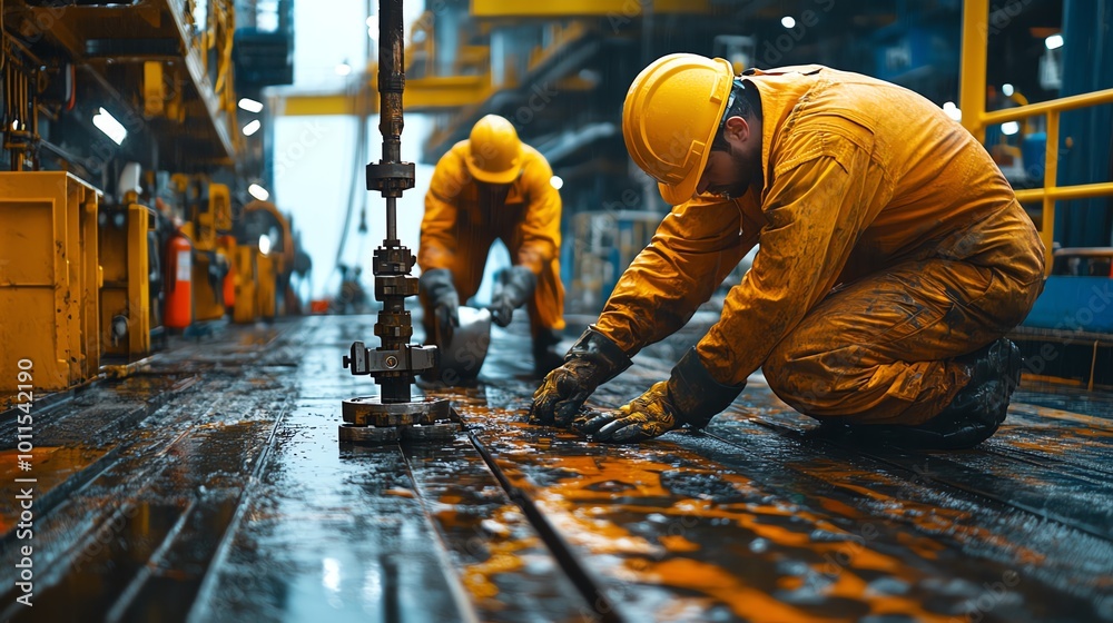Workers in yellow protective gear conduct maintenance on a wet industrial site, showcasing teamwork and safety in action. Workers in yellow protective gear conduct maintenance on a wet industrial site, showcasing teamwork and safety in action.