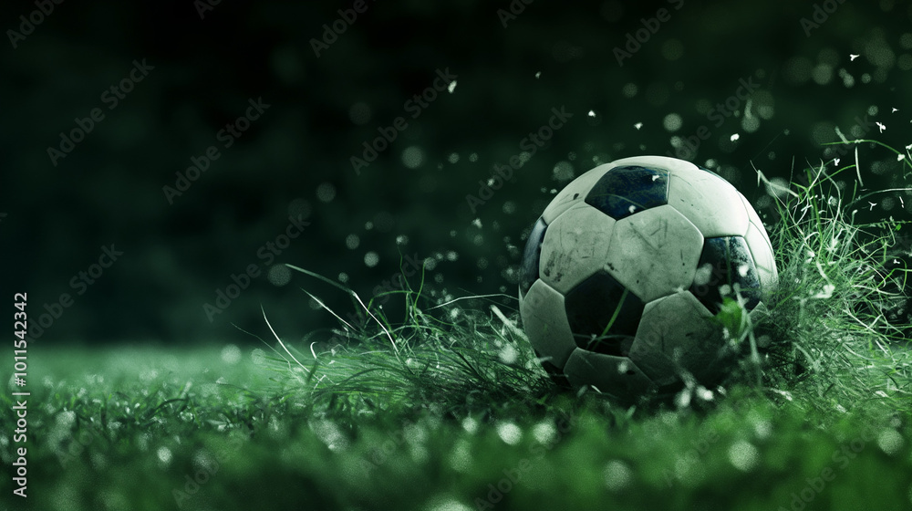 Naklejka premium A close-up of a soccer ball rolling on freshly cut grass during an evening match in a city park