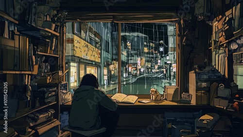Lofi girl studying at a window while it rains in the city at night. Background music Anime style. illustration lofi chill hip hop Relaxing music. Seamless Loop 4k Animation
