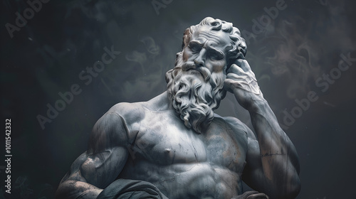 Close-up of a classical bronze statue showcasing intricate details of curly hair and beard, highlighting the craftsmanship and texture. The statue exudes an aura of ancient artistry and heritage.