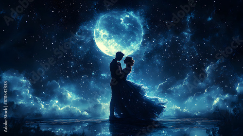 A silhouette of two people in love dancing under the stars, capturing a romantic moment. 