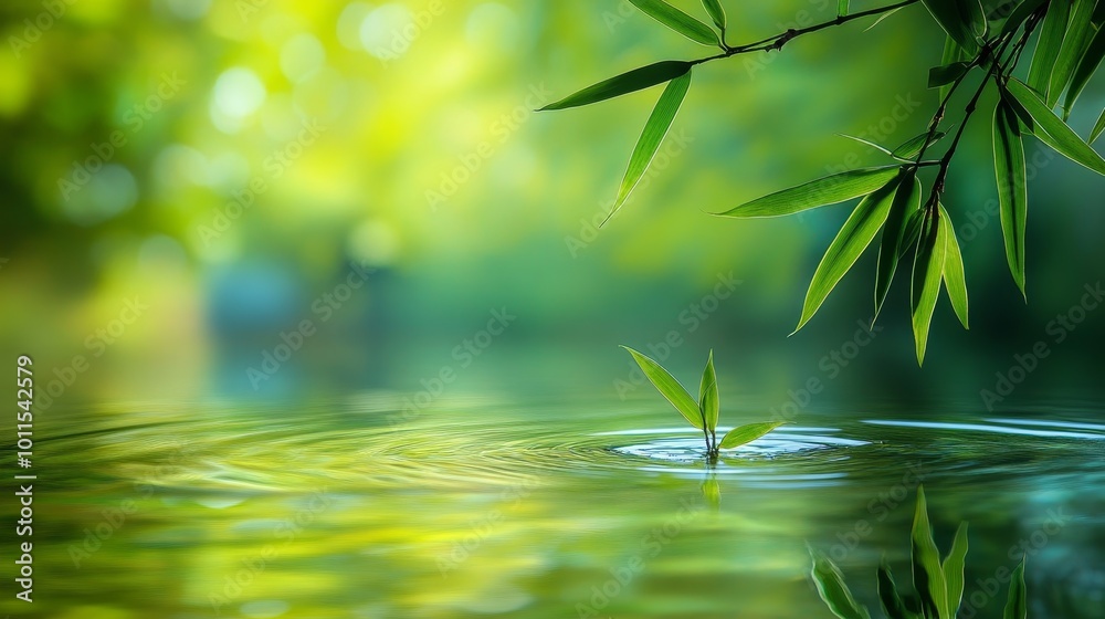 Naklejka premium Serene Bamboo Leaves on Tranquil Pond, A calming scene embodying harmony and reflection, perfect for fostering peace and mindfulness