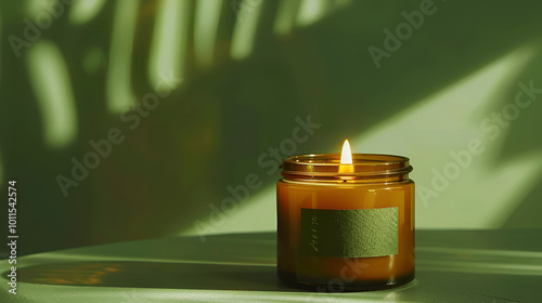 A lit scented candle casts a warm glow, with shadows of leaves creating a tranquil, cozy atmosphere. Perfect for relaxation and home decor.