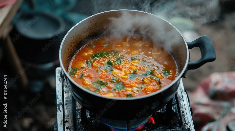 A pot of tom yum soup bubbling away on a portable gas stove, with the spicy aroma wafting through the air and whetting the appetite. A pot of tom yum soup bubbling away on a portable gas stove, with the spicy aroma wafting through the air and whetting the appetite.