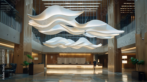 Modern hotel lobby with wave-like sculptural light fixtures, wood paneling, and a reception desk. Warm lighting creates an inviting atmosphere, blending contemporary design elements.

