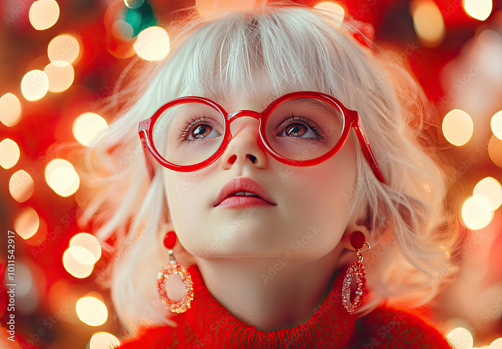 portrait of a little girl with white hair, wearing red-framed glasses and large earrings, dressed in Christmas attire portrait of a little girl with white hair, wearing red-framed glasses and large earrings, dressed in Christmas attire