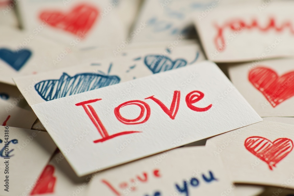 Colorful hand-drawn love notes scattered across a soft surface creating an artistic display of affection and warmth Colorful hand-drawn love notes scattered across a soft surface creating an artistic display of affection and warmth