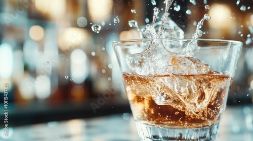 A whiskey glass captures the moment ice splashes into the liquid, creating a captivating artistic motion, symbolizing indulgence and timeless sophistication.