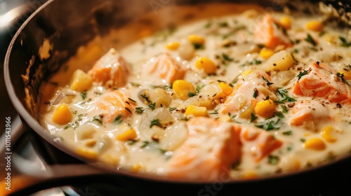 A rustic seafood chowder simmering on the stove, filled with chunks of salmon, potatoes, corn, and savory herbs in a creamy broth.