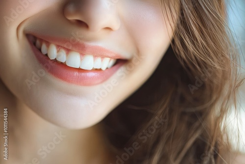 Beautiful smile of young woman with healthy white teeth, copy space - generative ai