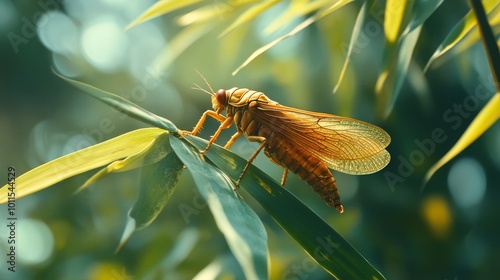 Golden cicada on bamboo leaves, symbolizing transformation and renewal, embodies natural elegance and harmony in Feng Shui settings photo