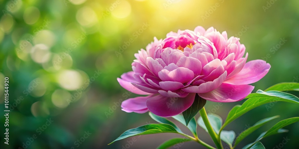 Fototapeta premium A Delicate Pink Peony Blossom Bathed in Warm Sunlight, Its Petals Unfurling Gracefully Against a Soft, Green Background