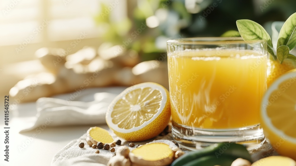 A glass filled with freshly squeezed lemon-ginger juice, highlighted by basil leaves and lemon slices, set against a backdrop of sunlit freshness in the kitchen. A glass filled with freshly squeezed lemon-ginger juice, highlighted by basil leaves and lemon slices, set against a backdrop of sunlit freshness in the kitchen.