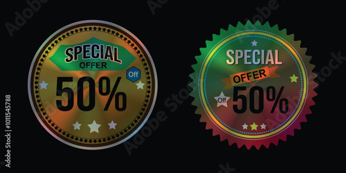 Holographic special offer sticker label design, discount your product with holographic effect vector