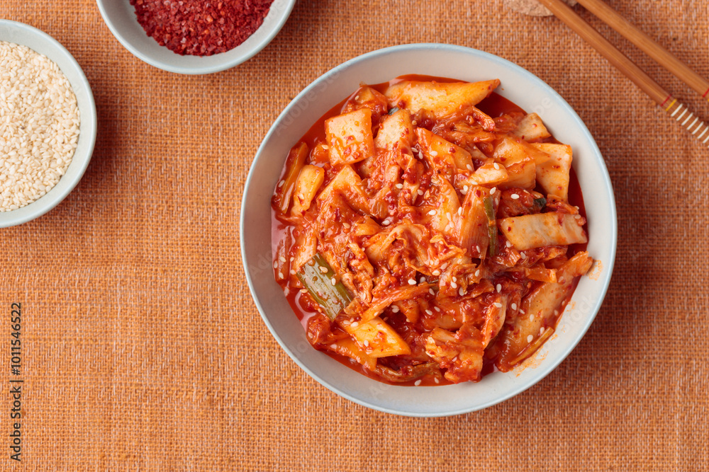 Kimchi, Kimchee in the Bowl, Red Spicy Kim Chi, Hot Fermented Napa Cabbage, Traditional Jimchi on a table Kimchi, Kimchee in the Bowl, Red Spicy Kim Chi, Hot Fermented Napa Cabbage, Traditional Jimchi on a table