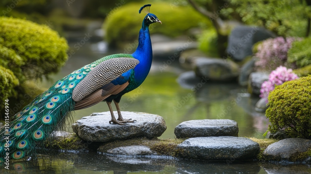 Obraz premium Elegant peacock in serene Japanese garden, zen stones, flowing water, symbolizing peace and balance in a tranquil setting