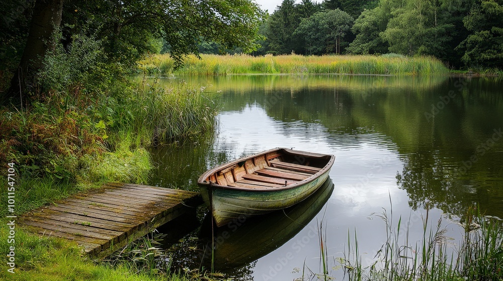 A serene fishing pond in the countryside, with an old wooden dock and a rowboat tied to it A serene fishing pond in the countryside, with an old wooden dock and a rowboat tied to it