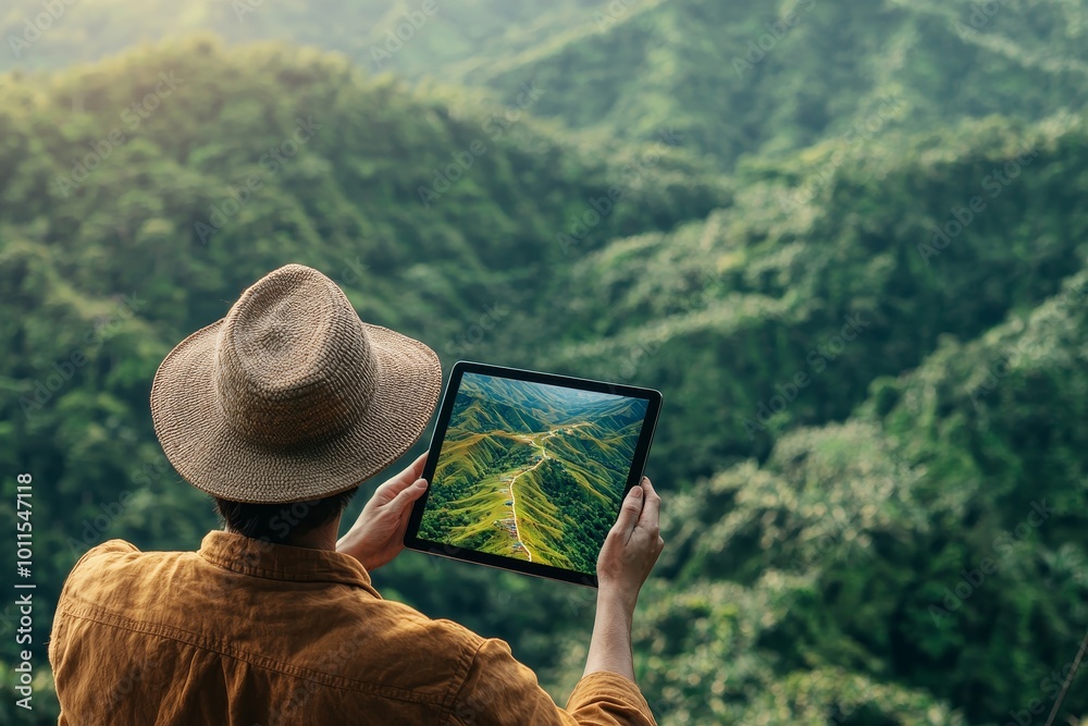 Fototapeta premium Person exploring nature with tablet in hand, lush green mountains in the background.