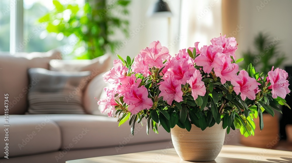Obraz premium Feng Shui Family Room with Azaleas, inviting harmony and unity, vibrant blossoms enhancing the serene atmosphere of the space