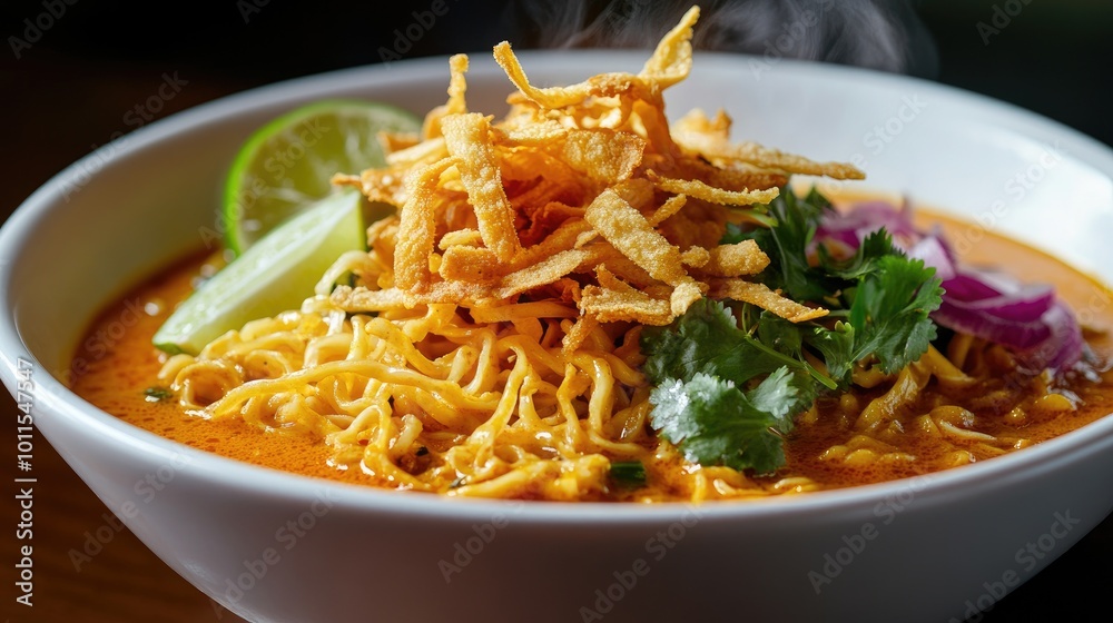 A steaming bowl of Khao Soi, Northern Thai curry noodles, topped with crispy noodles, pickled mustard greens, and fresh lime wedges. A steaming bowl of Khao Soi, Northern Thai curry noodles, topped with crispy noodles, pickled mustard greens, and fresh lime wedges.
