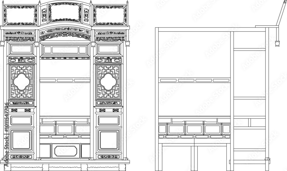 Fototapeta premium Vector sketch illustration silhouette design of furniture chair bed wardrobe antique classic old ethnic traditional Chinese with carvings
