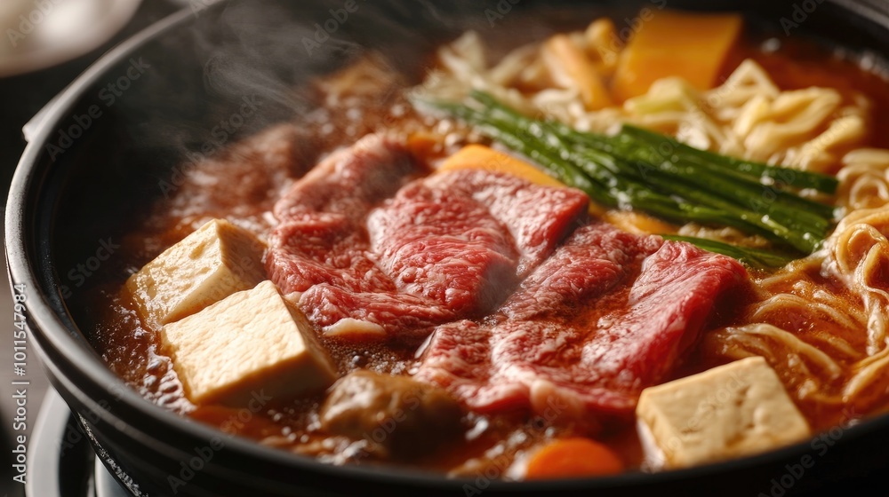 A steaming hot pot of savory sukiyaki, filled with thinly sliced beef, tofu, vegetables, and noodles, simmering in a sweet and savory broth. A steaming hot pot of savory sukiyaki, filled with thinly sliced beef, tofu, vegetables, and noodles, simmering in a sweet and savory broth.