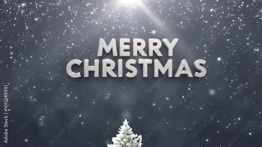 Phrase Merry Christmas in glittering silver letters is displayed on a homogeneous background with twinkling stars and a glowing star atop a tree Phrase Merry Christmas in glittering silver letters is displayed on a homogeneous background with twinkling stars and a glowing star atop a tree