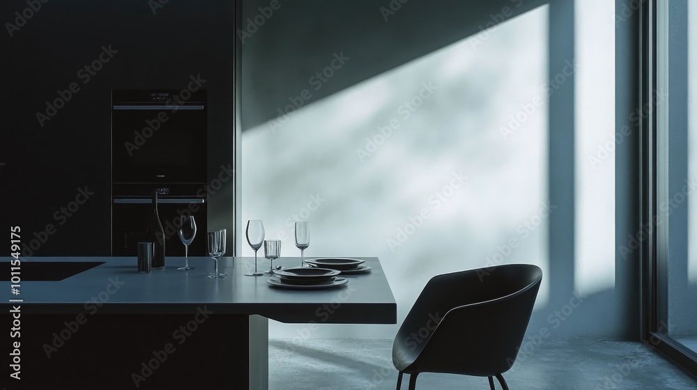 Fototapeta premium A stylish minimalist dining space with a sleek table, minimalist chairs, and minimalist tableware, creating an elegant setting for entertaining guests.
