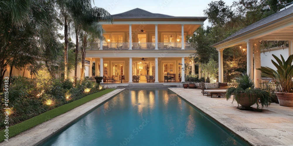 Stunning modern villa with a relaxing pool. This luxurious home features elegant architecture surrounded by lush greenery. Ideal for outdoor living and leisure activities. AI Stunning modern villa with a relaxing pool. This luxurious home features elegant architecture surrounded by lush greenery. Ideal for outdoor living and leisure activities. AI