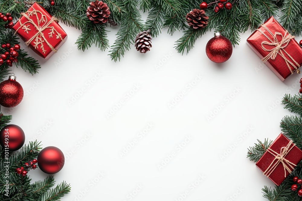 Christmas Decoration Frame with Gift Boxes, Red Baubles and Fir Tree Branches, Top View Christmas Decoration Frame with Gift Boxes, Red Baubles and Fir Tree Branches, Top View