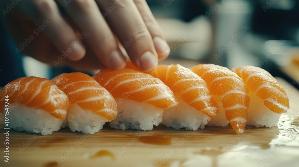 A sushi chef crafting beautiful nigiri sushi with slices of fresh salmon delicately draped over rice, showcasing the artistry of Japanese cuisine.