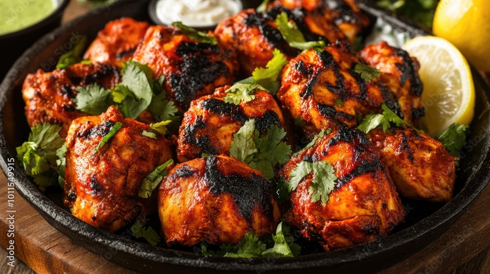 A tantalizing plate of tandoori chicken, marinated in yogurt and spices, roasted to perfection in a clay oven, served with mint chutney and lemon wedges.