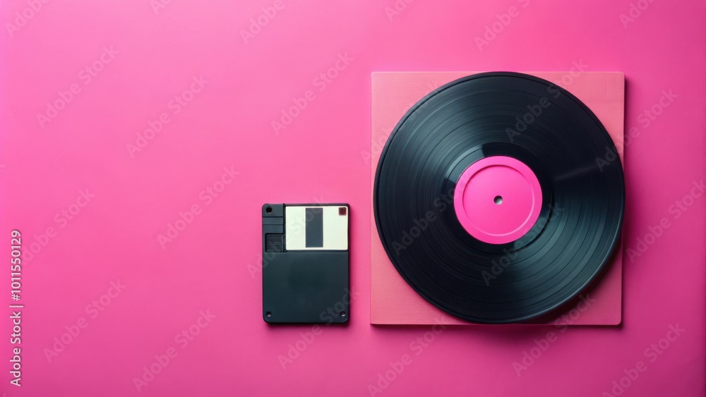 A floppy disk and vinyl record on a pink background, a representation of the evolution of data storage. A floppy disk and vinyl record on a pink background, a representation of the evolution of data storage.