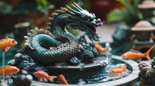 Dragon Embrace, a powerful dragon coiled around a vibrant water fountain, surrounded by colorful fish, symbolizing luck and harmony.