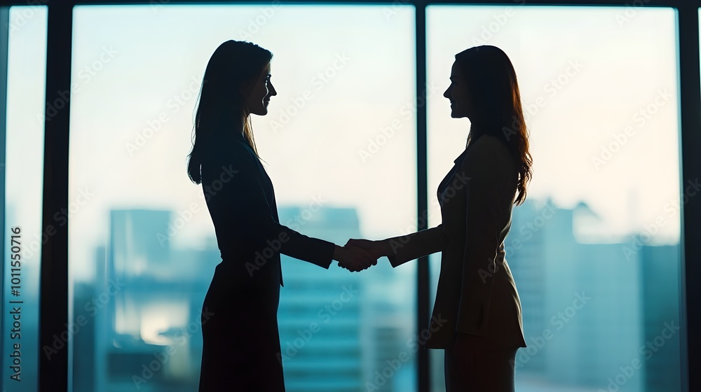 Silhouettes of Confident Women Shaking Hands After Successful Business Pitch Silhouettes of Confident Women Shaking Hands After Successful Business Pitch